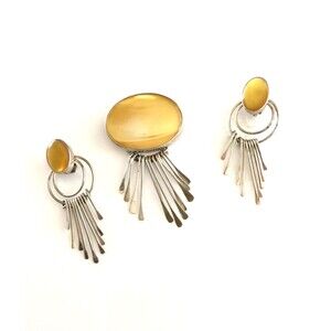 Vtg Mexico AIS Sterling Silver 925  Yellow Opal Cabochon Pendant/Pin Earring Set